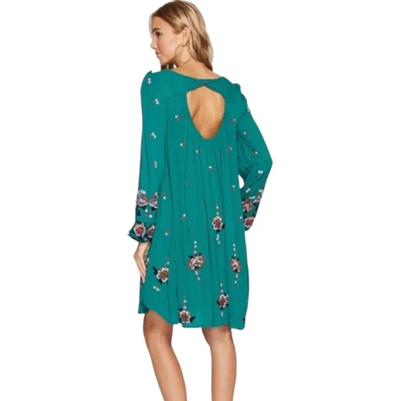 Free People Sweet Tennessee Swing Mini Dress Green Multicolor Embroidered Boho L - Picture 5 of 7